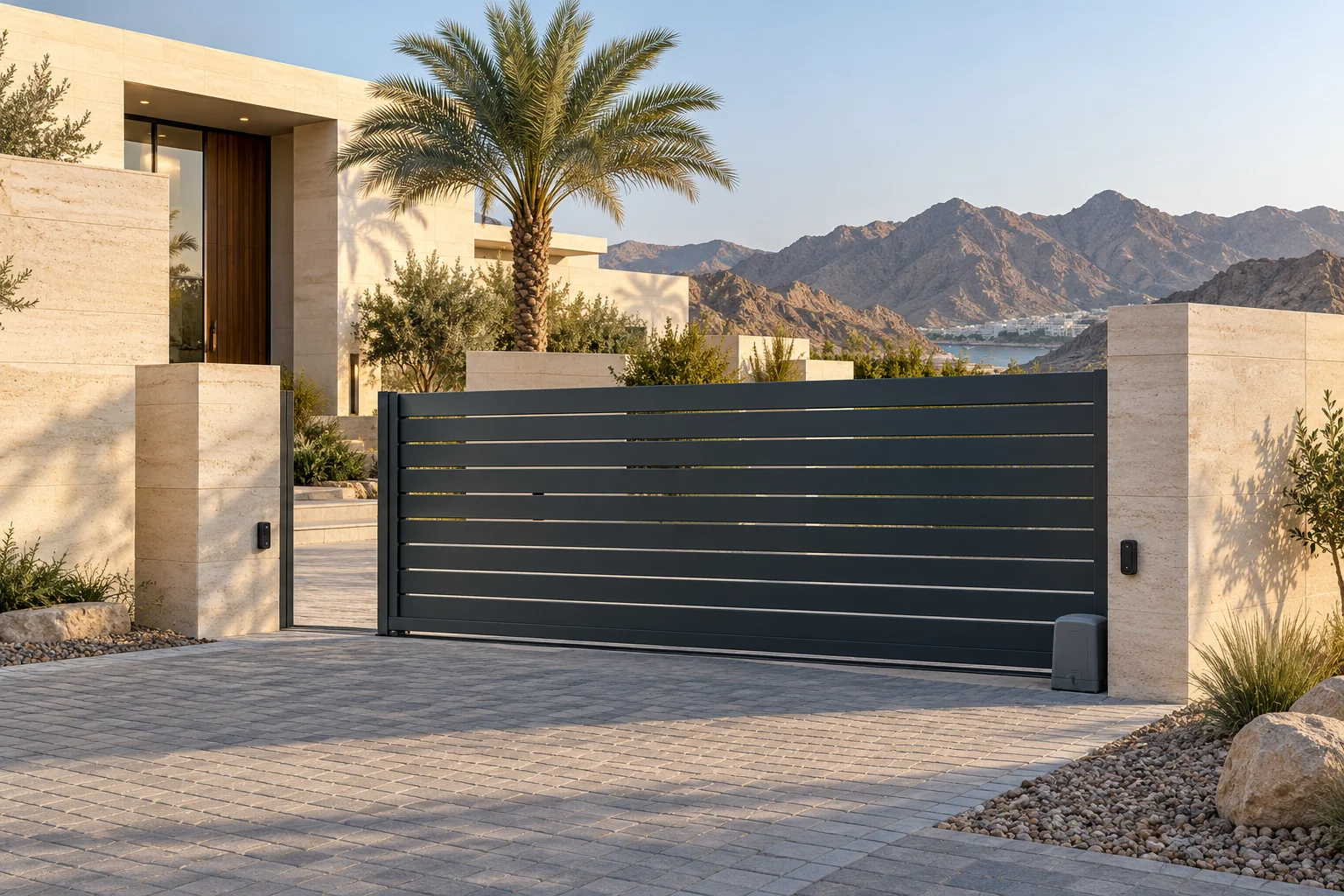 AI concept of a contemporary automated villa entrance and paved driveway in Oman